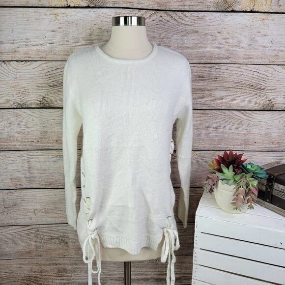 Elan Cream Acrylic Crew Neck Long Sleeve‎ Side Lace Up Sweater Top Size S - Picture 1 of 7